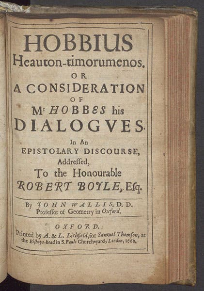 Title page of John Wallis’s fourth treatise attacking Thomas Hobbes, Hobbius Heauton-timoeumenos, 1656 (Linda Hall Library)