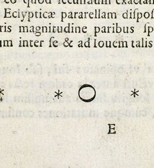 Jupiter and what appeared to be three nearby stars, as seen on Jan. 7, 1610, by Galileo Galilei, and later printed in his <i>Sidereus nuncius</i>, 1610, Venice ed. (Linda Hall Library)