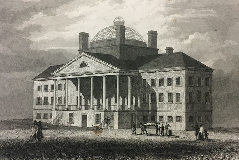 Engraving of Massachusetts General Hospital, c. 1831. The building was designed by Charles Bulfinch, and the operating theater was located under the central dome, later known as the “Ether Dome.” (Clendening History of Medicine Library)