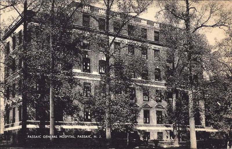 Passaic General Hospital, Passaic, N.J., where William Carlos Williams was chief of pediatrics from 1924 to 1963, postcard, ca 1920 (emptybranchesonthefamilytree.com)