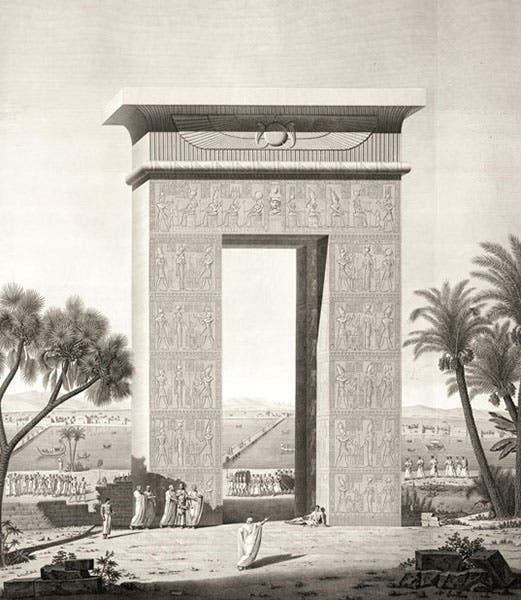 The north gate at Dendera, restored on paper, slight detail of engraving based on a drawing by Edme Jomard and Gaspard-Antoine Chabrol, in Description de l’Égypte, Antiquités, vol. 4, 1817 (Linda Hall Library)