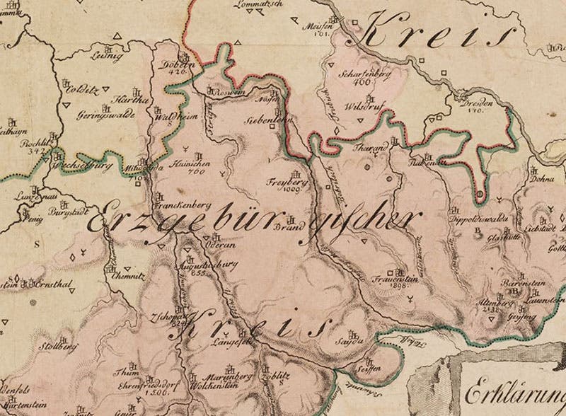 Detail of geological map of Saxony (first image), showing location of Freiberg, hand-colored engraving in Johann von Charpentier, Mineralogische Geographie der Chursächsischen Lande, 1778 (Linda Hall Library)