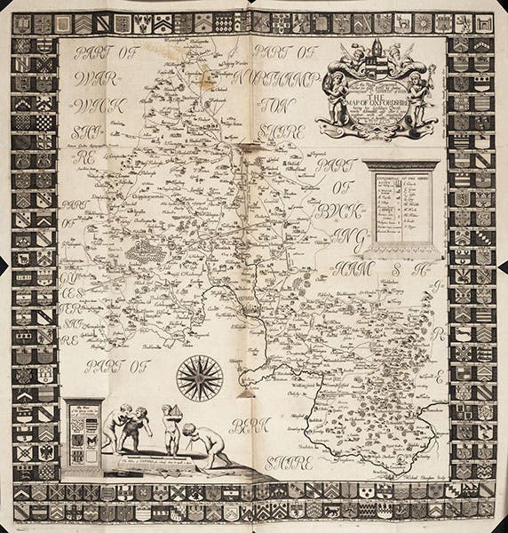 “The Map of Oxford-shire,” by Robert Plot, double-page engraved plate in his Natural History of Oxford-shire, 1676 (Linda Hall Library)