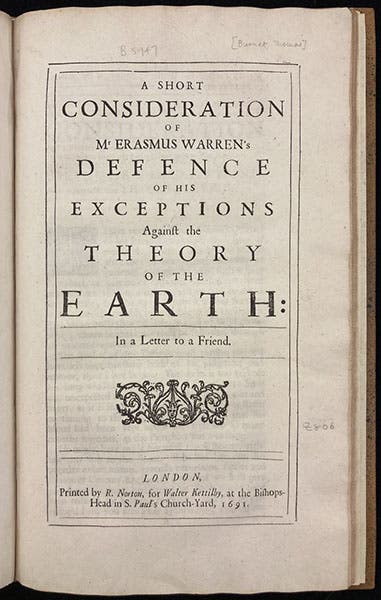 Title page, Thomas Burnet: A Short Consideration of Mr Erasmus Warren's Defence of his Exceptions Against the Theory of the Earth, 1691 (Linda Hall Library)