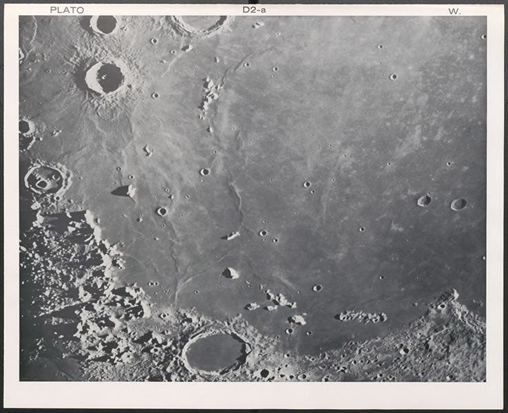 The lunar crater Plato and the Mare Imbrium (Sea of Rains), photograph taken by Francis Pease with the 100-inch Hooker telescope, Sep. 15, 1919, in Photographic Lunar Atlas, by Gerard P. Kuiper, 1960 (Linda Hall Library)