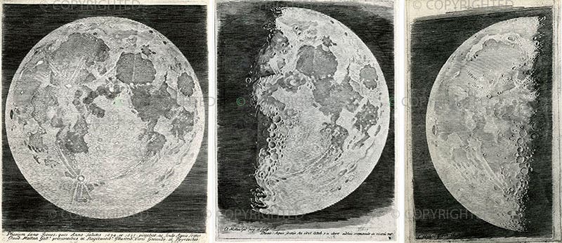 Three engravings of the Moon, by Claude Mellan, 1637, Musée Boucher de Perthes, Abbeville, France (brunelleschi.imss.fi.it)