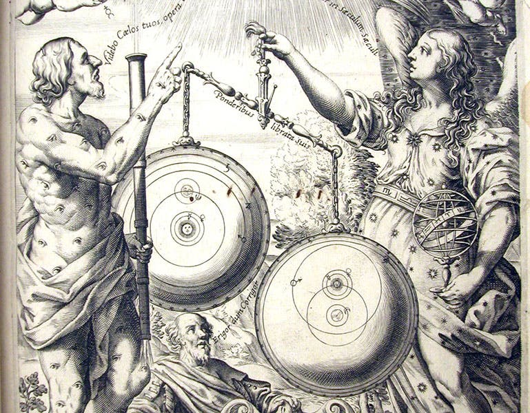 The Copernican system being “weighed” against a modified Tychonic system and coming up short, detail of the engraved frontispiece, Almagestum novum, by Giovanni Battista Riccioli, vol. 1, 1651 (Linda Hall Library)