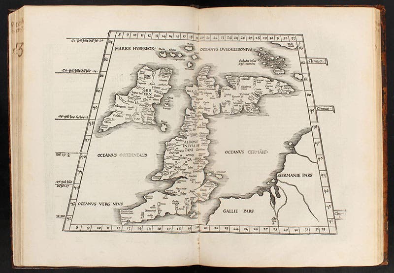 Britannia, regional map, Europe I, woodcut, Geographicae enarrationis libri octo, by Ptolemy of Alexandria, 1525 (Linda Hall Library)