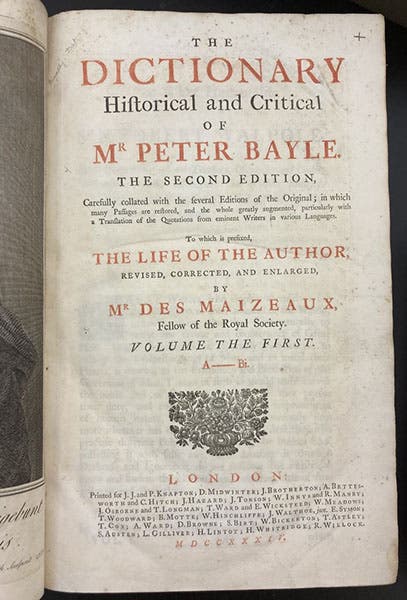 Title page, Pierre Bayle, Dictionary Historical and Critical, 2nd ed., vol. 1, 1734 (Linda Hall Library)