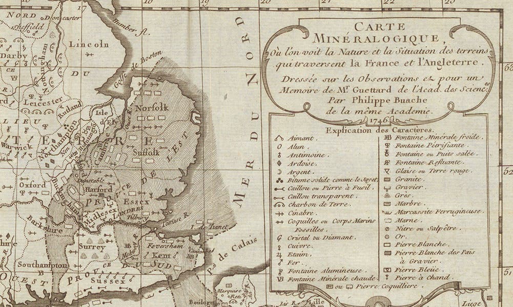 Detail of second mineralogical map, showing the legend at top right, Jean-Étienne Guettard, in Memoires de l’académie royale des sciences pour 1746 (Linda Hall Library)