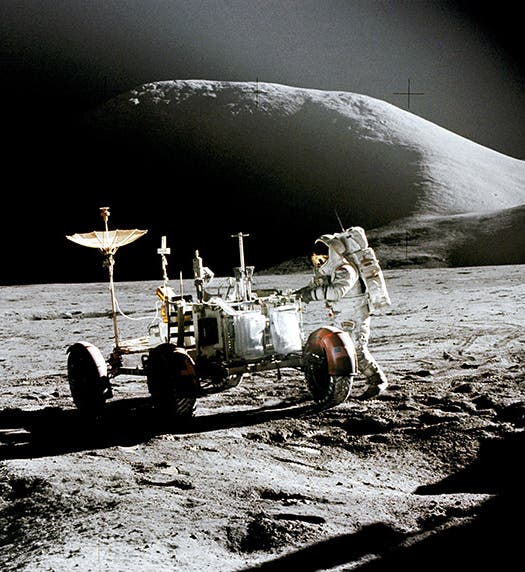 The Lunar Rover of Apollo 15 on the surface at Hadley delta, being unloaded by James Irwin, with David Scott acting as photographer, NASA photograph (science.nasa.gov)