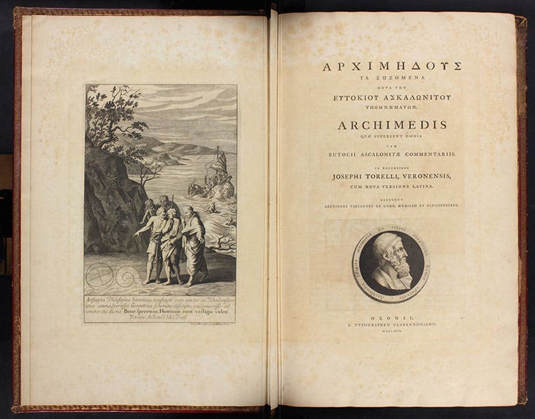 The frontispiece and title page of Archimedis quae supersunt omnia, 1792 (Linda Hall Library)