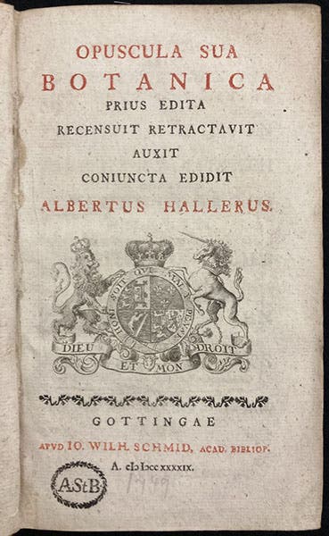 Title page, Opuscula sua botanica, by Albrecht Von Haller, 1749 (The Linda Hall)