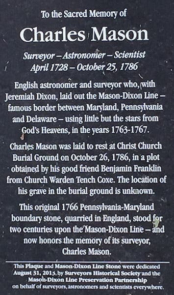 Plaque in Christ’s Church burial ground, Philadelphia, honoring Charles Mason (findagrave.com)