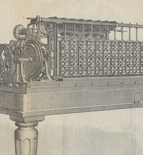 Scheutz difference engine no. 2 at the Dudley Observatory, detail of engraving, Annals of the Dudley Observatory, vol. 1, p. 118, 1866 (Linda Hall Library)