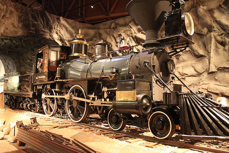 The Gov. Stanford locomotive, put in service in 1863, now on display in the California State Railroad Museum, Sacramento, recent photograph (Wikimedia commons)