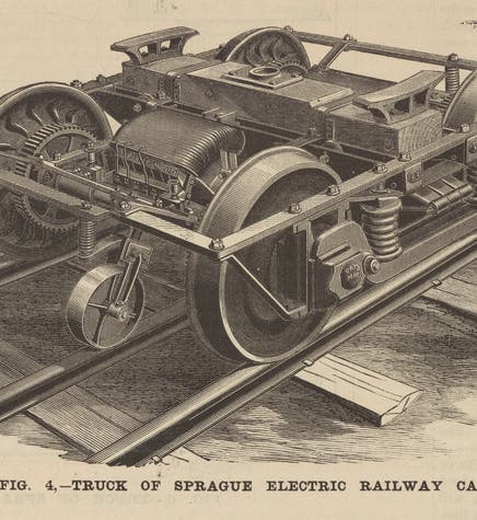 A Sprague motorized truck for an electric railway car, this one modified for third-rail operation, photograph from a scrapbook, Frank J. Sprague Collection, New York Public Library (digitalcollections.nypl.org)