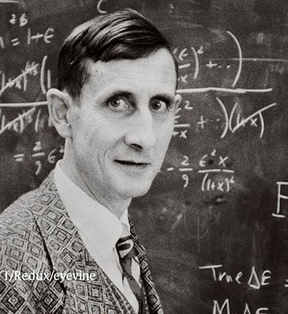 A younger Freeman Dyson at the blackboard, photograph, undated (nature.com)