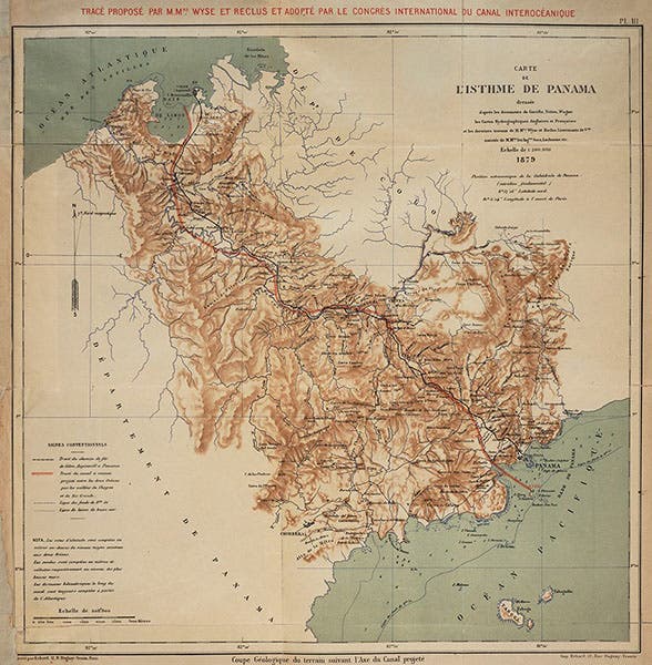 French map of proposed Panama Canal, detail of engraving, 1879, A.B. Nichols Collection (Linda Hall Library)