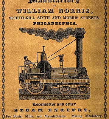 Advertisement for the Locomotive Steam Engine Manufactory of William Norris, with a Norris 4-2-0 pictured, 1842 (Wikimedia commons)
