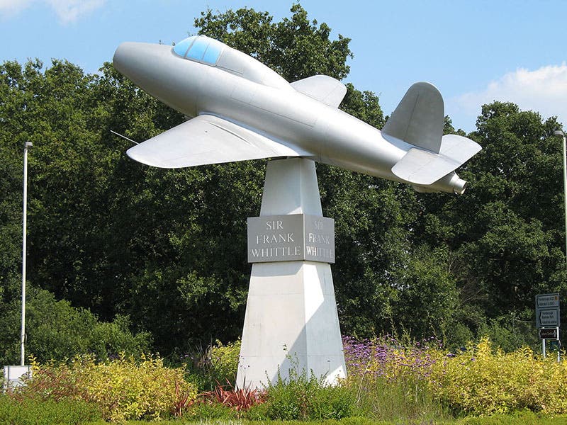 A monument to Frank Whittle and the Gloster E.28/29, the first turbojet-powered aircraft to fly; it sits in a roundabout hear the former headquarters of the RAE at Farnborough, Hampshire (Wikimedia commons)