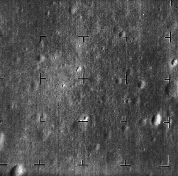Last photo taken by camera A of Ranger 7 of the lunar surface, 2.5 seconds before impact, July 31, 1964 (nssdc.gsfc.nasa.gov)