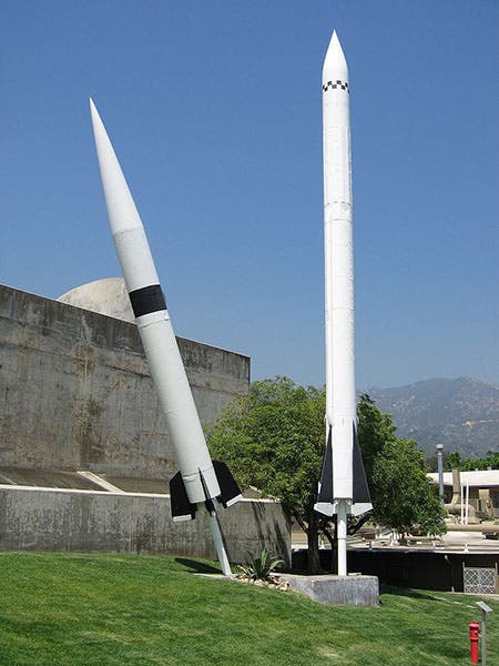 A WAC Corporal and a Sergeant missile formerly on display at JPL, Pasadena (Wikimedia commons)
