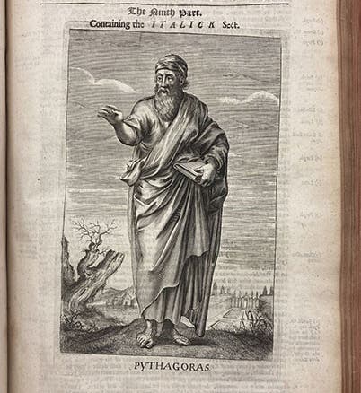 Imagined portrait of Pythagoras of Samos, engraving in The History of Philosophy, by Thomas Stanley, 1687 (Linda Hall Library)