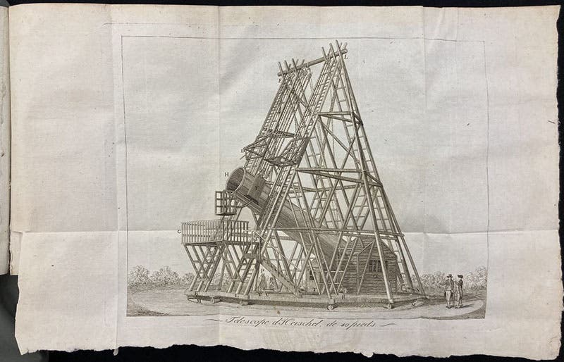 William Herschel’s 40-foot telescope, engraving, Bibliothèque Britannique, ed. by Marc-Auguste Pictet, vol. 1, p. 522, 1796 (Linda Hall Library)