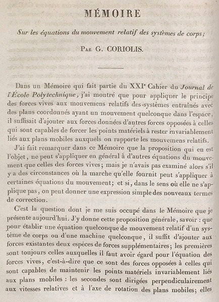 First page of article by Coriolis announcing Coriolis forces, Journal de l’École polytechnique, 1835 (Linda Hall Library)