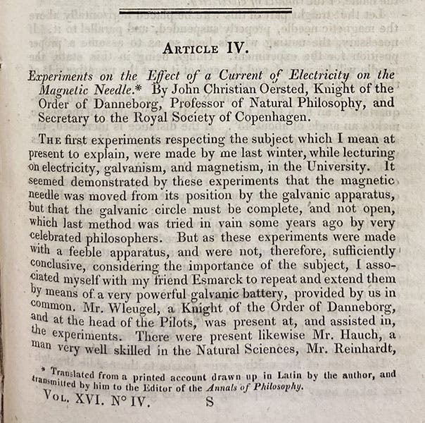First page of “Experiments on the Effect of a Current of Electricity on the Magnetic Needle,” by John (Hans) Christian Oersted, Annals of Philosophy, vol. 16, 1820 (Linda Hall Library)