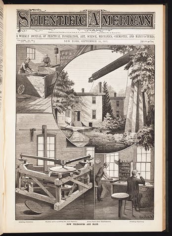 Four views of the Alvan Clark &amp; Sons workshop, building the 36-inch Lick refractor, from the cover of <i>Scientific American</i>, Sep. 24, 1887 (Linda Hall Library)