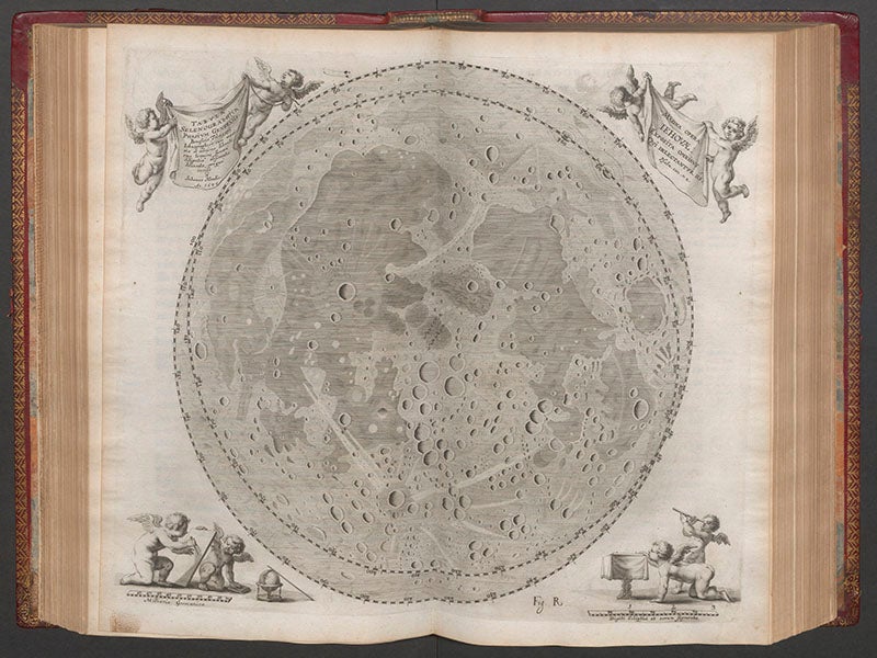 Artificially shadowed Moon map, double-page engraving, in Johannes Hevelius, Selenographia, 1647 (Linda Hall Library)