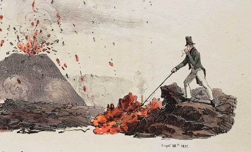 Companion poking a stick into a small stream of molten lava, detail of a larger hand-colored lithograph from a drawing by John Auldjo, in his Sketches of Vesuvius, 1832 (Linda Hall Library)