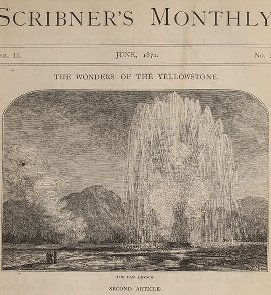 The Fan geyser at Yellowstone, opening page of second article by Nathaniel P. Langford, <i>Scribner’s Monthly</i>, June 1871 (author’s collection)
