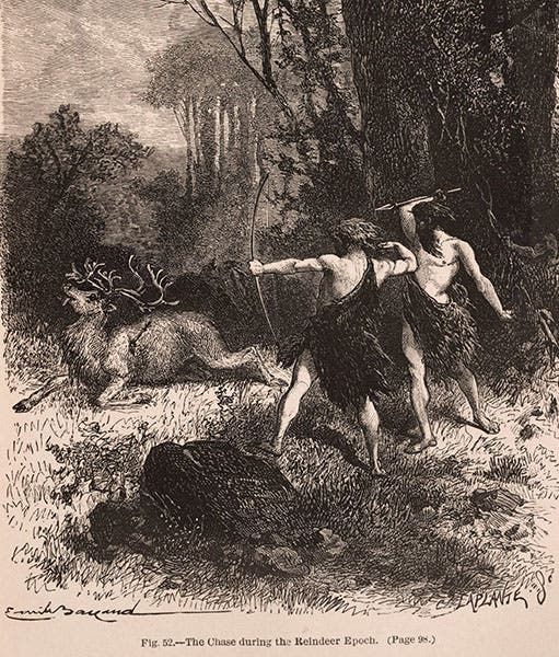 Hunting in the Epoch of Reindeer, wood engraving after drawing by Émile Bayard, in Primitive Man, by Louis Figuier, 1870 (Linda Hall Library)