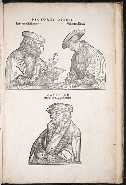 The two artists and the woodcutter (sculptor) who illustrated Fuchs’ book, woodcut from De historia stirpium, 1542 (Linda Hall Library)