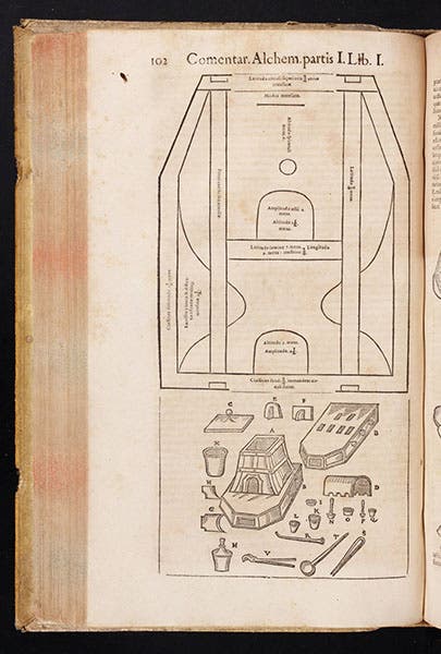 Plans for a laboratory with furnaces, woodcuts from Andreas Libavius, Alchymia, detail of top, 2nd ed., 1606 (Linda Hall Library)