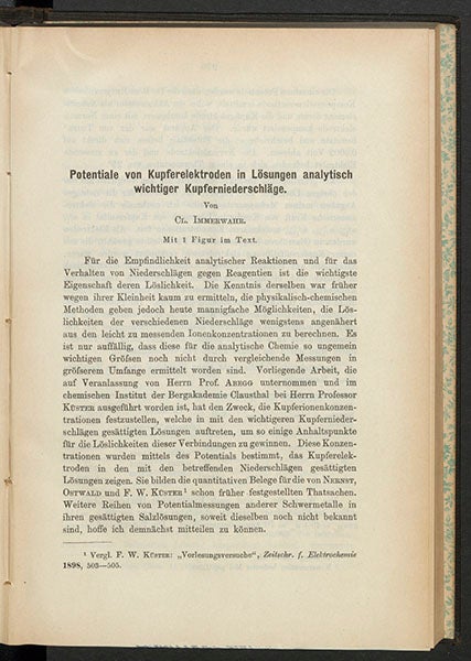 Clara Immerwahr, “Potentiale von Kupferelektroden in Lösungen analytisch wichtiger Kupferniederschläge,” Zeitschrift für Anorganische Chemie 24 (1900) (Linda Hall Library)