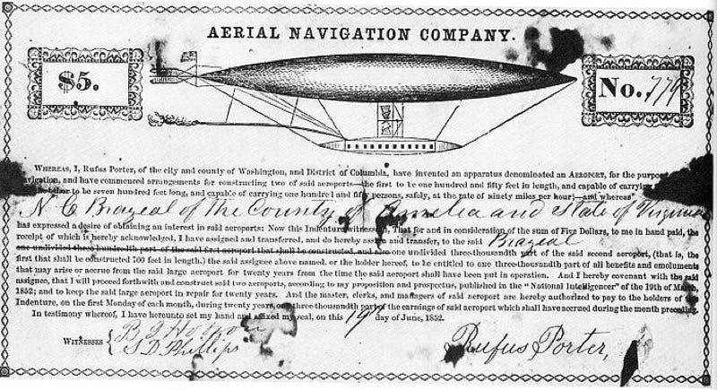Stock certificate for Porter’s Aerial navigation Company (Smithsonian Institution, reprinted in Jean Lipman’s Rufus Porter Rediscovered)