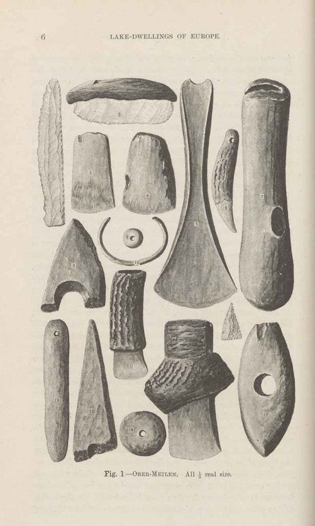 Relics discovered by Ferdinand Keller and others at the prehistoric wooden piles at Ober-Meilen on Lake Zurich, from Robert Munro, The Lake-Dwellings of Europe, 1890 (Linda Hall Library)