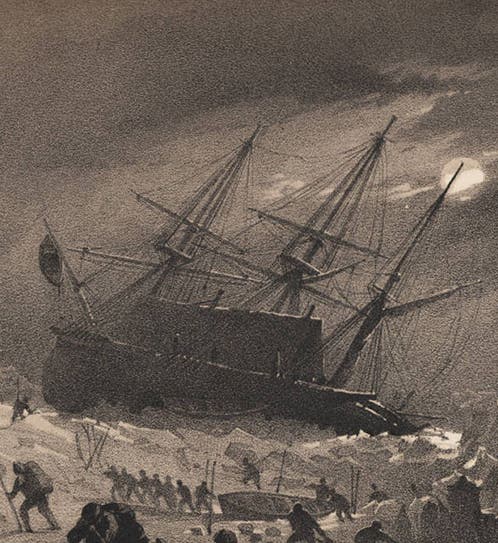 HMS <i>Terror</i> in danger in the ice, by moonlight, engraving by George Back in his <i>Narrative of an Expedition in H.M.S.</i> Terror, 1838 (Linda Hall Library)
