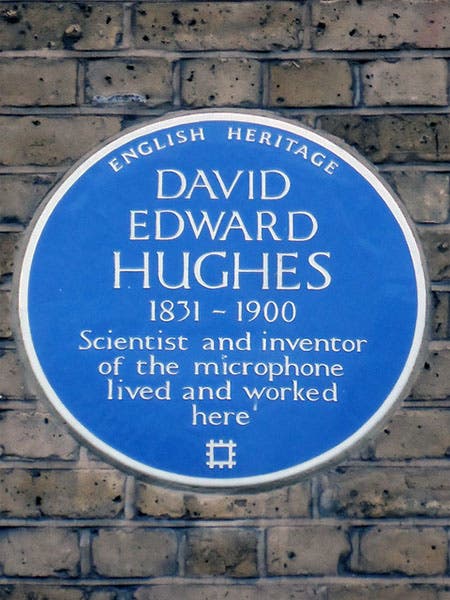 Blue plaque honoring David Edward Hughes and his invention of the microphone outside his former home, 84 Great Portland Street, Westminster (openplaques.org)