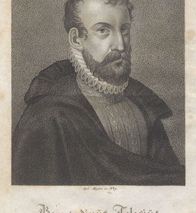 Portrait of Bernardino Telesio, aquatint frontispiece, Leben und Lehrmeinungen berühmter Physiker am Ende des XVI. und am Anfange des XVII. Jahrhunderts, by Thaddä Rixner and Thaddäus Siber, vol. 2, 1820 (Linda Hall Library)