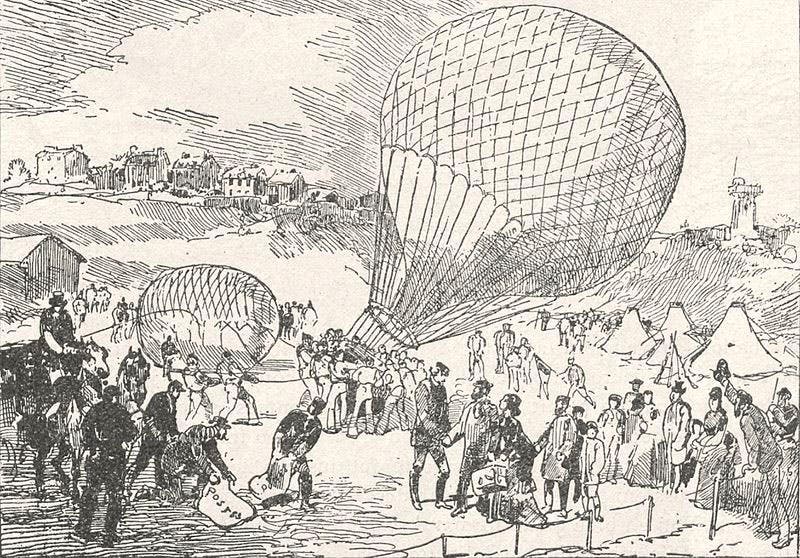 The balloon Louis Blanc, piloted by Eugène Farcot, about to launch from Paris, 1870 (Wikipedia)