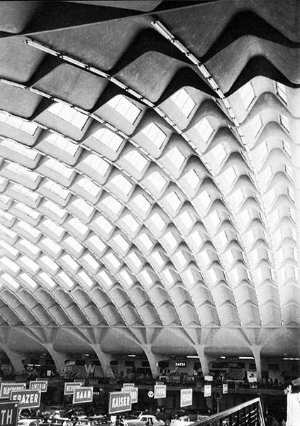 Historic image of occupied Palazzo delle Esposizioni (Exhibition Hall B), Turin, Italy, designed by Pier Luigi Nervi (and built by his construction firm Nervi & Bertoli), Arkkitehti-lehti (Architect magazine of Finland) (betoni.com)