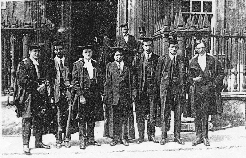 Scholars at Cambridge University, including Ramanujan (center front) and G.H. Hardy (far right), photo taken some time between 1914-1918 (Wikimedia commons)