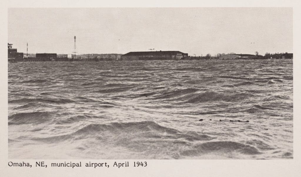 The Omaha airport under several feet of water during the 1943 floods. Image source: Final Report: Missouri River Flood Plain Study. Missouri Basin States Association, 1983, p. xvi. View Source