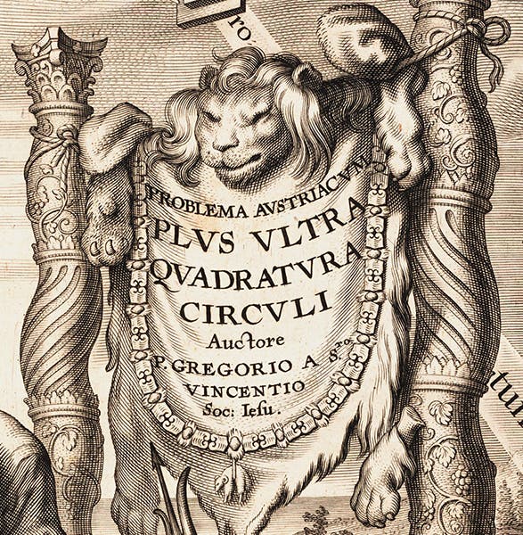 Detail showing title panel, engraved title page, Problema austriacum plus ultra: quadratura circuli, by Grégoire de Saint-Vincent, 1647 (Linda Hall Library)