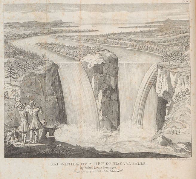 Facsimile of a view of Niagara Falls, by Father Hennepin, 1697, lithograph in Travels in North America, by Charles Lyell, vol. 1, plate 4, London, 1845 (Linda Hall Library)